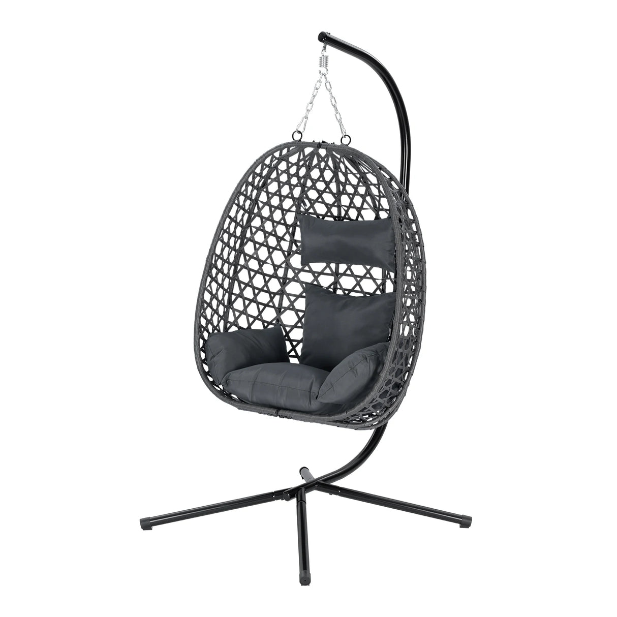 BukkitBow hangstoel met standaard, rotan en metalen frame, comfortabel Hagend Ei ontwerp voor binnen en buiten gebruik