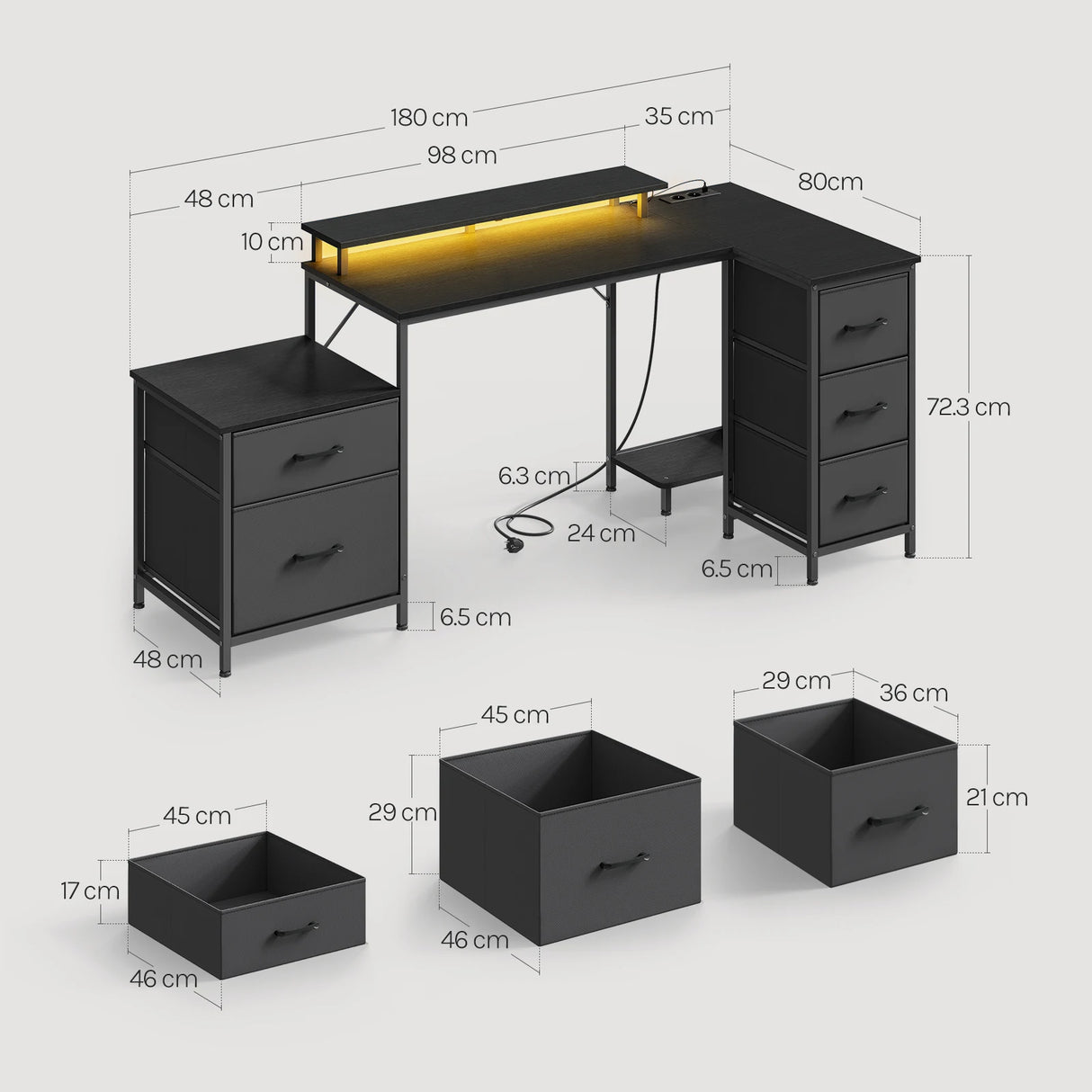 BukkitBow hoekbureau gaming bureau met RGB LED-verlichting, vijf laden, stopcontact en USB-poort, geschikt voor gamen en werken