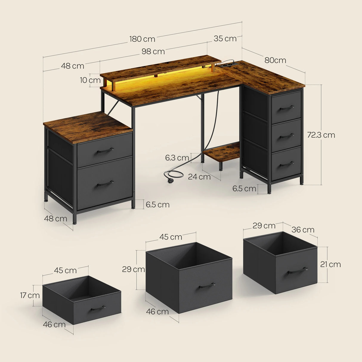 BukkitBow hoekbureau gaming bureau met RGB LED-verlichting, 5 laden, stopcontact en USB-poort, geschikt voor gaming en werk.