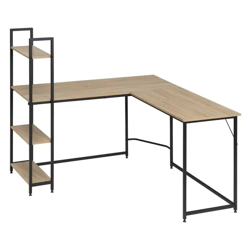 Hoekbureau BukkitBow met opbergvakken, licht eiken en zwart staal, afmetingen 138x50cm en 88x50cm, spaanplaat en stalen buizen.