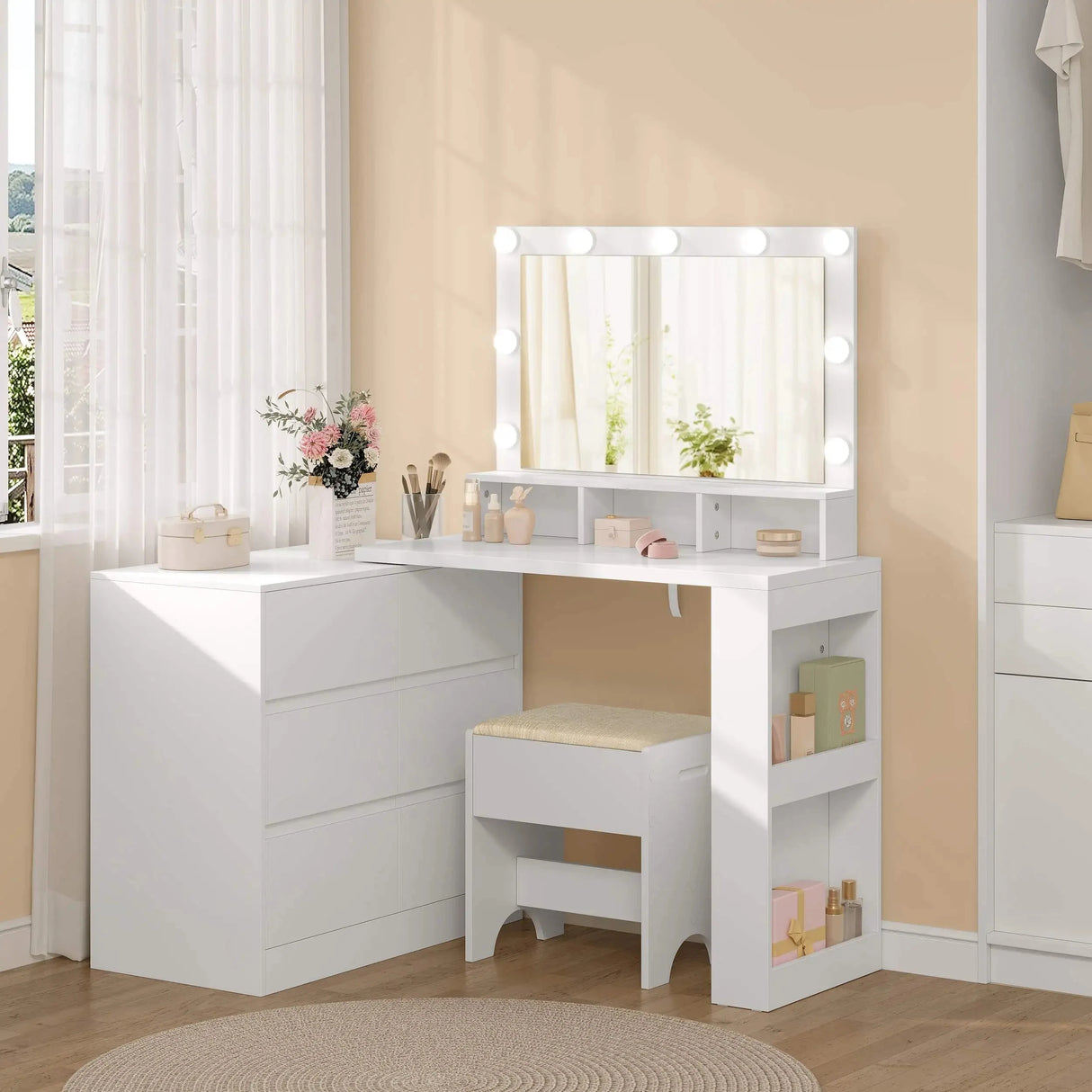 BukkitBow hoekkaptafel met 6 laden en LED-spiegel, flexibele opstelling, compacte kaptafel voor make-up en beauty verzorging