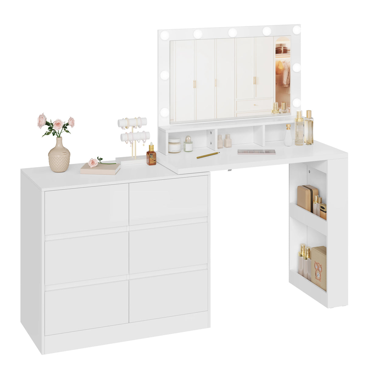 BukkitBow hoekkaptafel met 6 laden en LED-spiegel, flexibele opstelling, moderne kaptafel voor make-up en beautystoebehoren