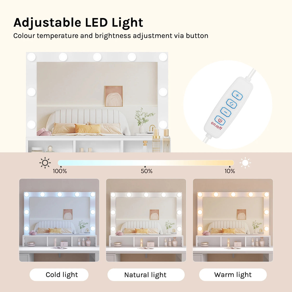 BukkitBow hoekkaptafel met 6 laden en LED-spiegel, flexibele opstelling, moderne kaptafel voor dames en stijlvolle interieur.