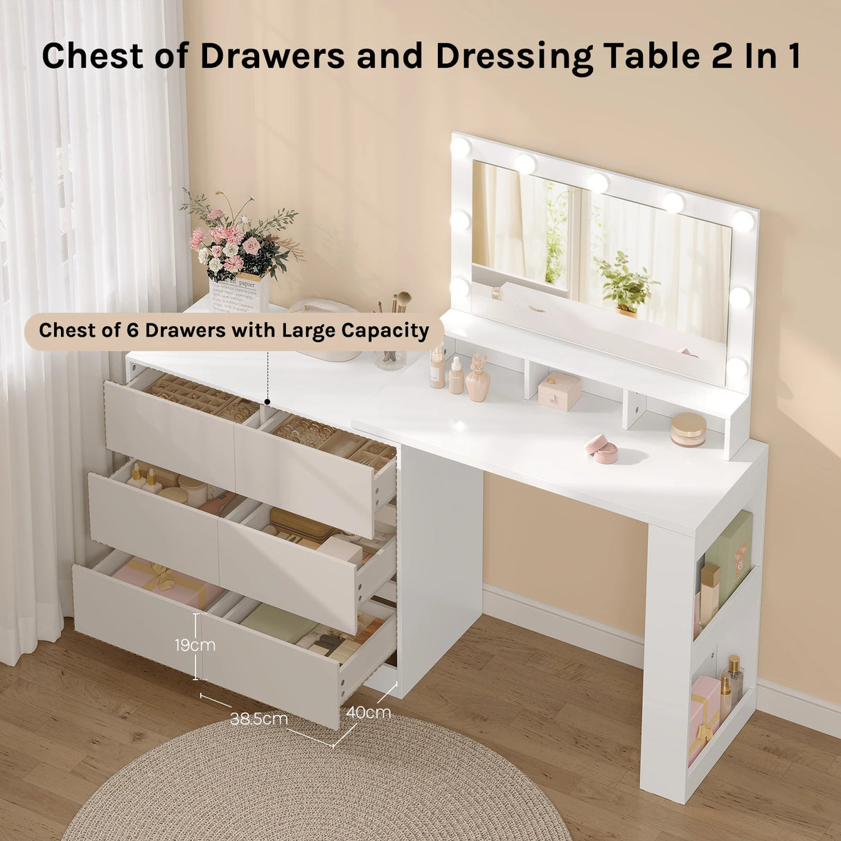 BukkitBow hoekkaptafel met 6 laden en LED-spiegel, flexibele opstelling, stijlvolle kaptafel voor make-up en grooming.