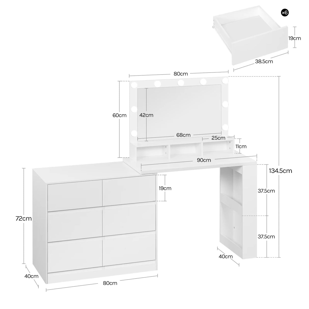 BukkitBow hoekkaptafel met 6 laden en LED-spiegel, flexibele opstelling, compacte kaptafel voor make-up en beautygebruik