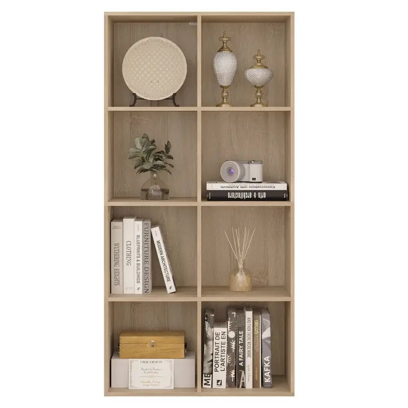 Houten BukkitBow boekenkast met 8 opbergkubussen, vrijstaand en ruimtebesparend meubel voor boeken en decoratie.