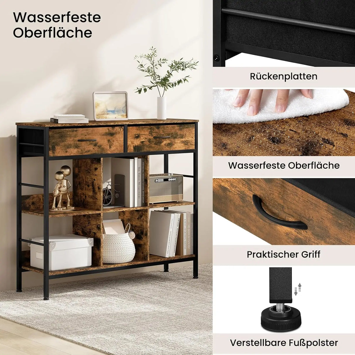 Industrieel houten boekenkast van BukkitBow met 6 open vakken en 2 laden, houtlook, stevig en stijlvol design.
