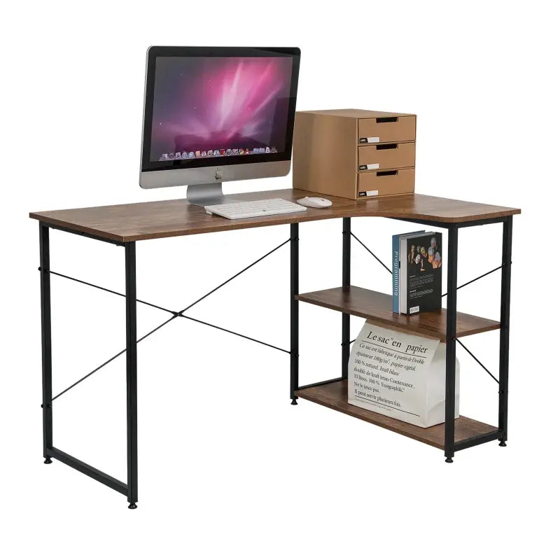 Industrieel klein hoekbureau van BukkitBow met twee opbergruimte planken, 120x74cm, stevig en modern ontwerp