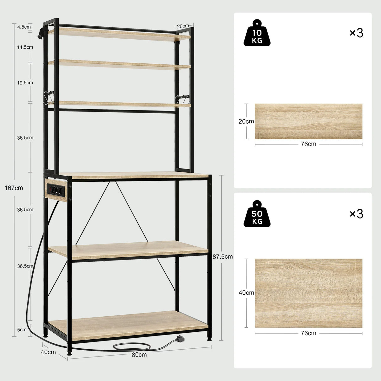 Industrieel BukkitBow keukenrek met 6 open planken en ingebouwd stopcontact, ideaal voor keukenopslag en organisatie.