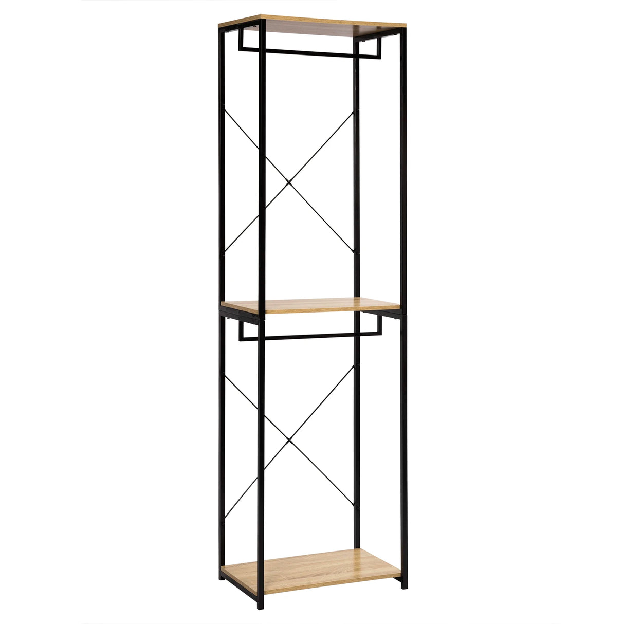 Industrieel BukkitBow kledingrek met 2 roedes en legplanken, 213 cm hoog, geschikt voor kledingopslag en presentatie.