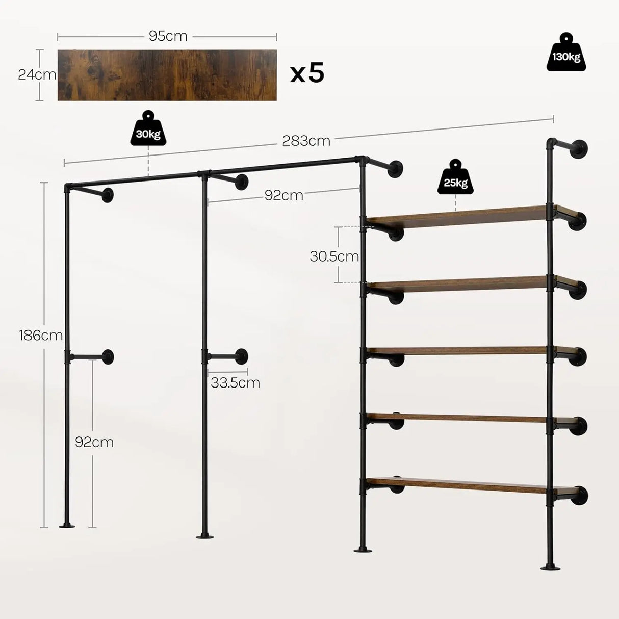 Industrieel wandmontage kledingrek van BukkitBow, open metalen ontwerp voor moderne kledingpresentatie