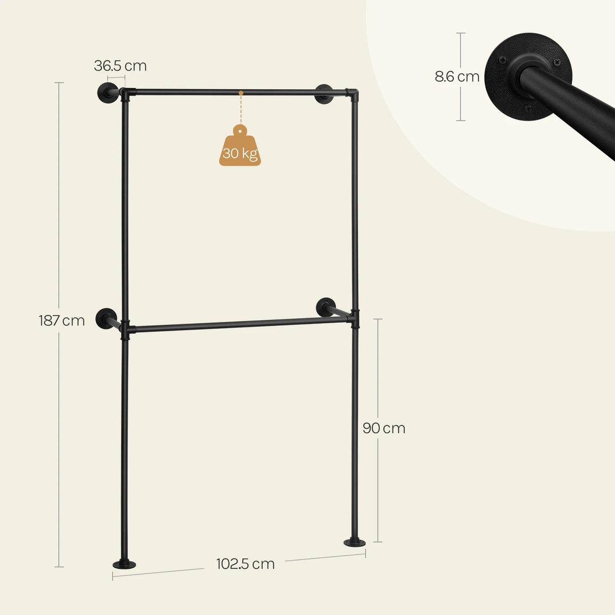 Industrieel metalen wandkledingrek van BukkitBow, open ontwerp voor wandmontage, geschikt voor het organiseren van kleding.