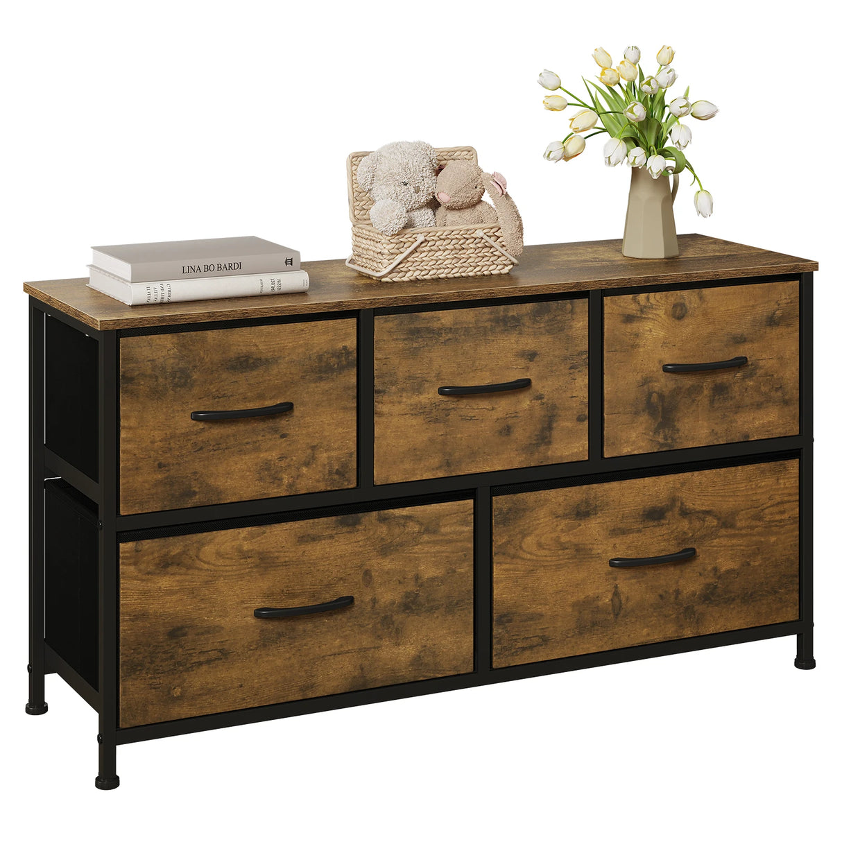 Industrieel BukkitBow TV-meubel en ladekast met 5 stoffen laden in vintage look, houten en metalen details.
