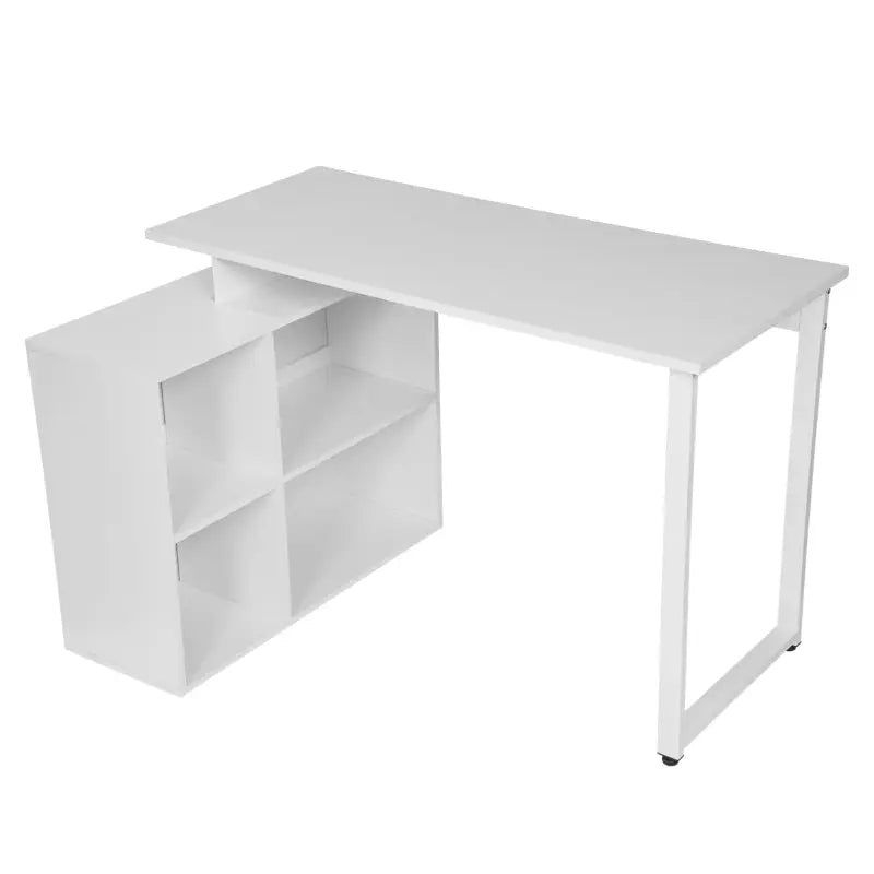 Industriële BukkitBow bureau met 4 opbergvakken, wit, licht eiken en donker beuken hout, afmetingen 118x50cm, multifunctioneel design.