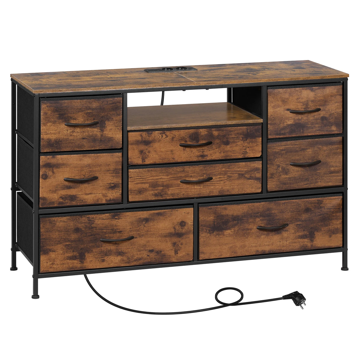 Industriële BukkitBow commode met 8 laden, stopcontacten en LED-verlichting, ontworpen voor moderne woonruimtes.