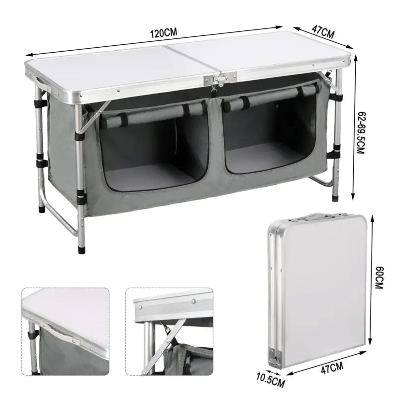 BukkitBow inklapbare campingtafel met stevig blad, geschikt voor 4-6 personen, 120x47x62/69,5 cm, tot 30kg belasting.