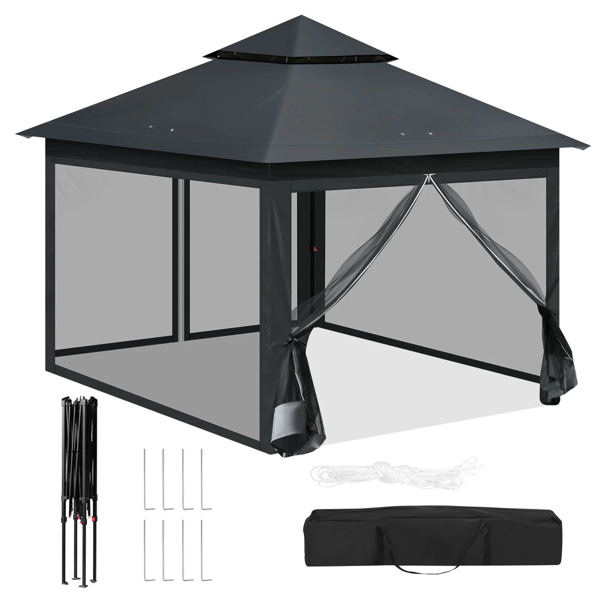 Inklapbare BukkitBow partytent 3x3m met dubbel dak en muggennet, geschikt voor buitenfeestjes en evenementen.