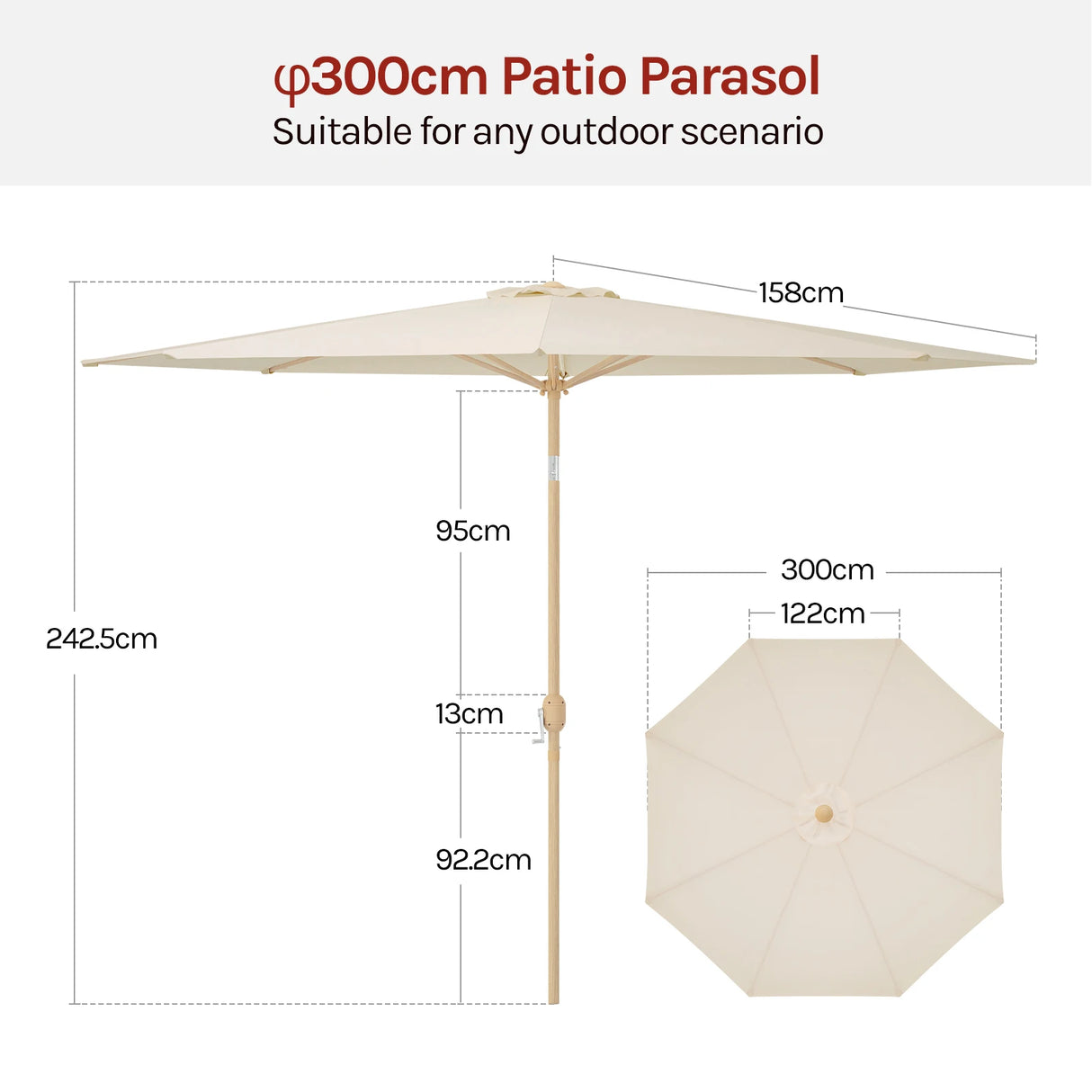 Kantelbare BukkitBow tuinparasol met slinger, 300cm, UV-bescherming, geschikt voor buiten, in een tuinomgeving, stevig en stijlvol.