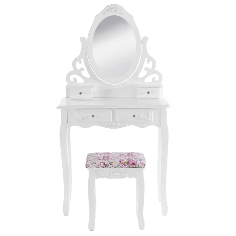 BukkitBow kaptafel met spiegel, 4 lades, make-up tafel, inclusief kruk, afmetingen 75x139x40cm, elegant meubel voor slaapkamer