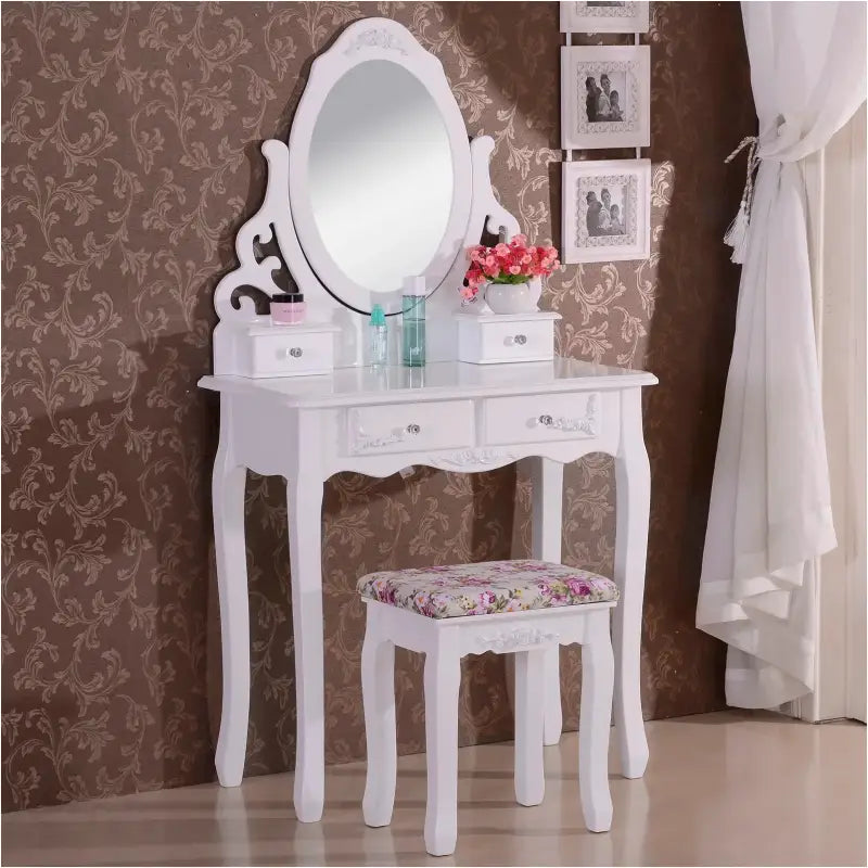BukkitBow kaptafel met spiegel, vier lades en kruk, grote make-up tafel met houten frame, afmetingen 75x139x40cm.