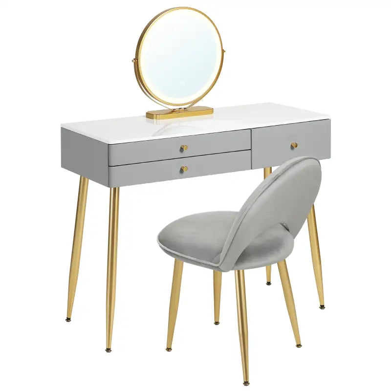 BukkitBow make-up tafel met LED-verlichting, ronde spiegel, drie grote laden en bijpassende kruk, afmeting 100x80x40cm.