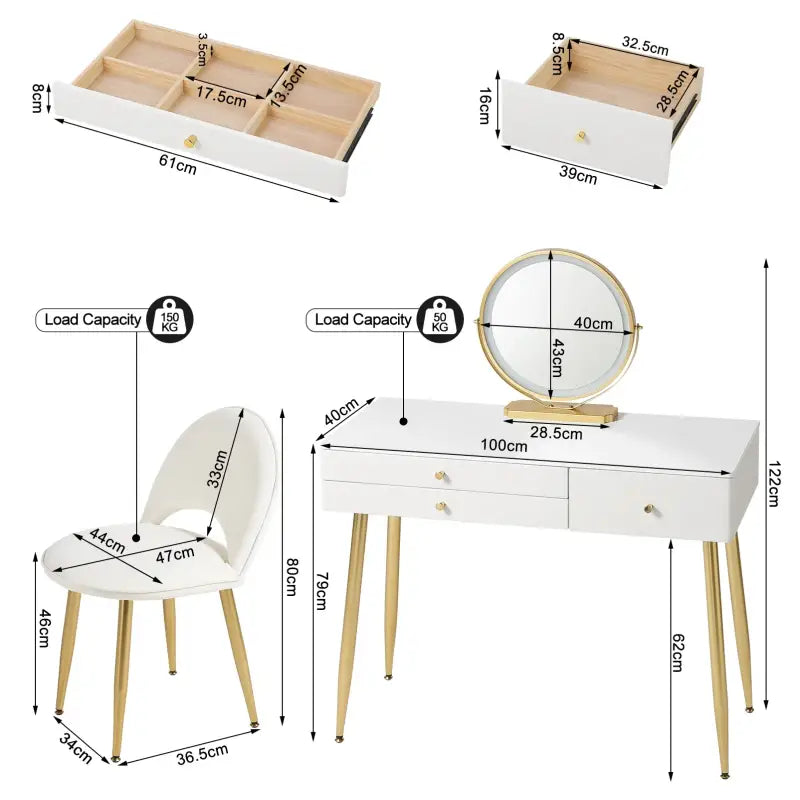 BukkitBow make-up tafel met LED-verlichting, ronde spiegel, drie grote laden en bijpassende kruk, afmetingen 100x80x40cm