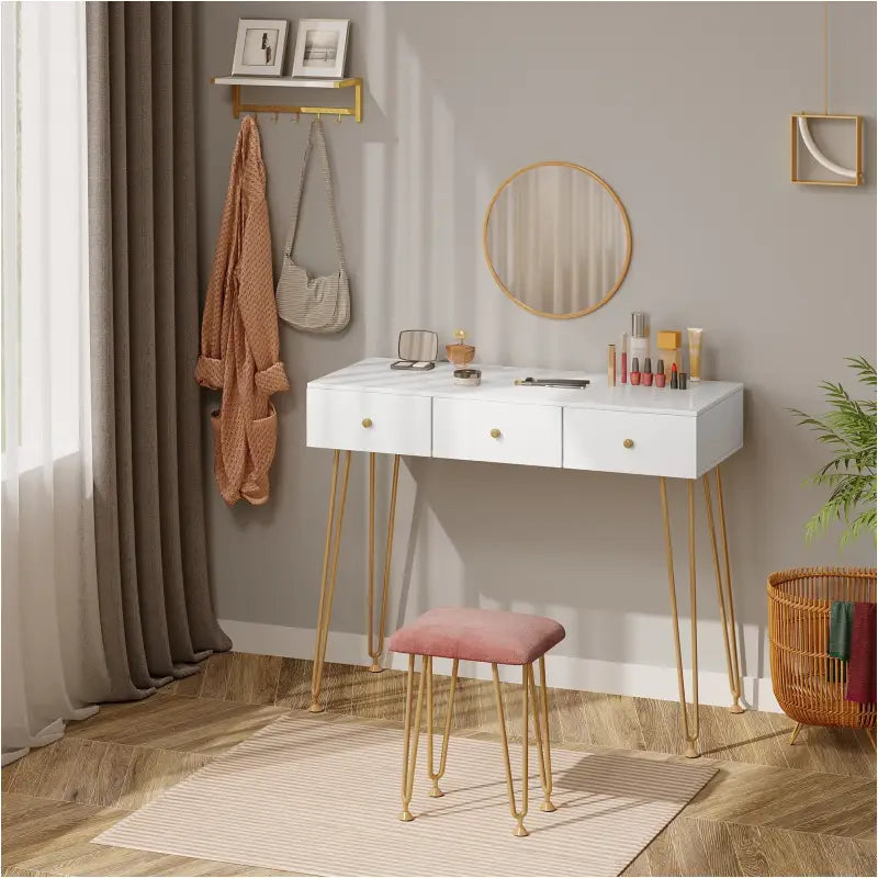 BukkitBow kaptafel met krukje en spiegel, goudkleurige poten, afmetingen 100x40x80cm, elegant meubel voor make-up en styling