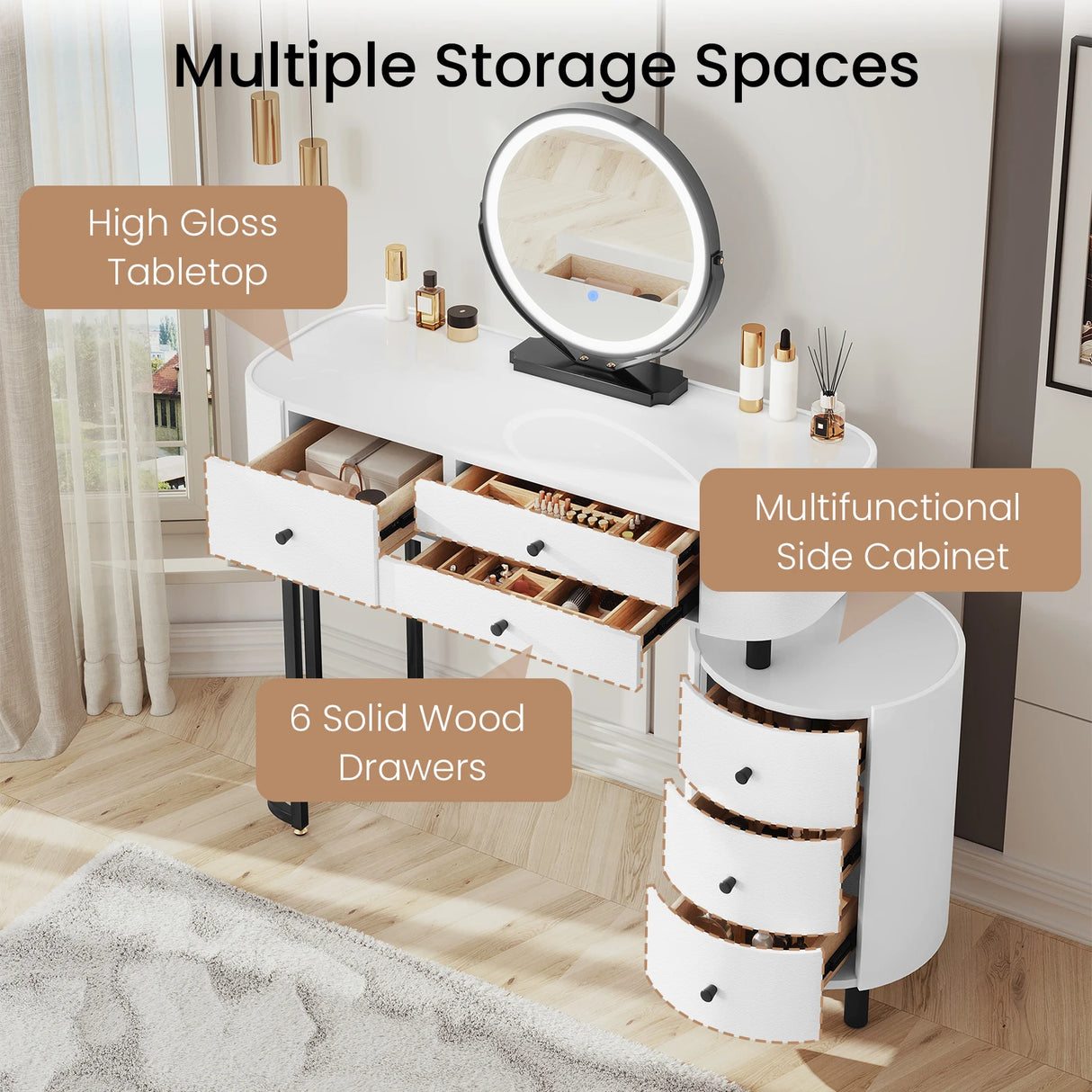BukkitBow kaptafel met LED-verlichting, draaibare spiegel, zijkast en drie lichtkleuren voor make-up en sieraden in slaapkamer