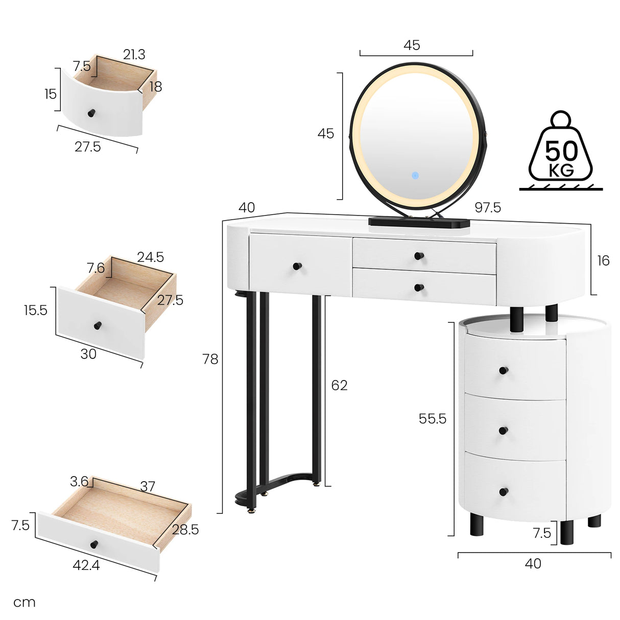 BukkitBow kaptafel met LED-verlichting, draaibare spiegel, zijkast en drie lichtkleuren voor make-up en slaapkamergebruik.