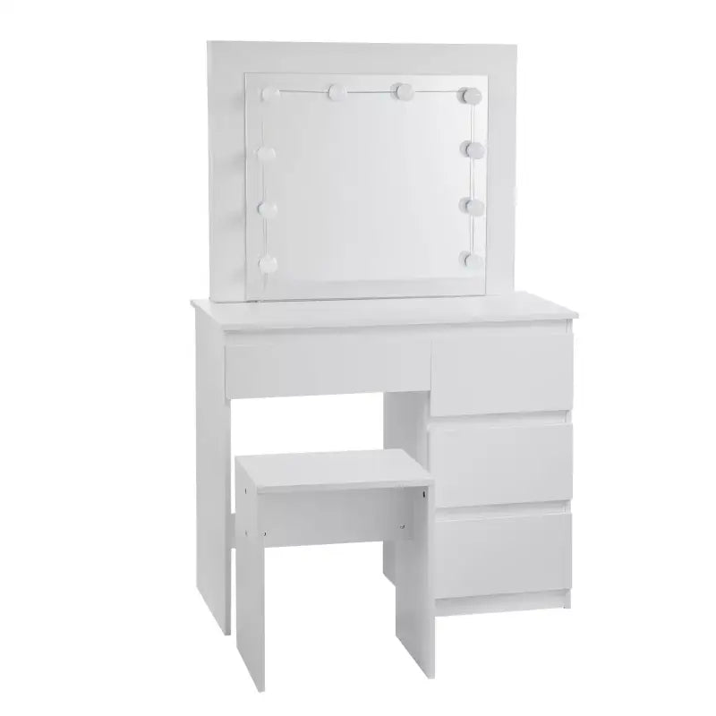 BukkitBow kaptafel set met kruk, melamine panelen, spiegel en LED-verlichting voor een stijlvolle slaapkamer of kleedkamer.