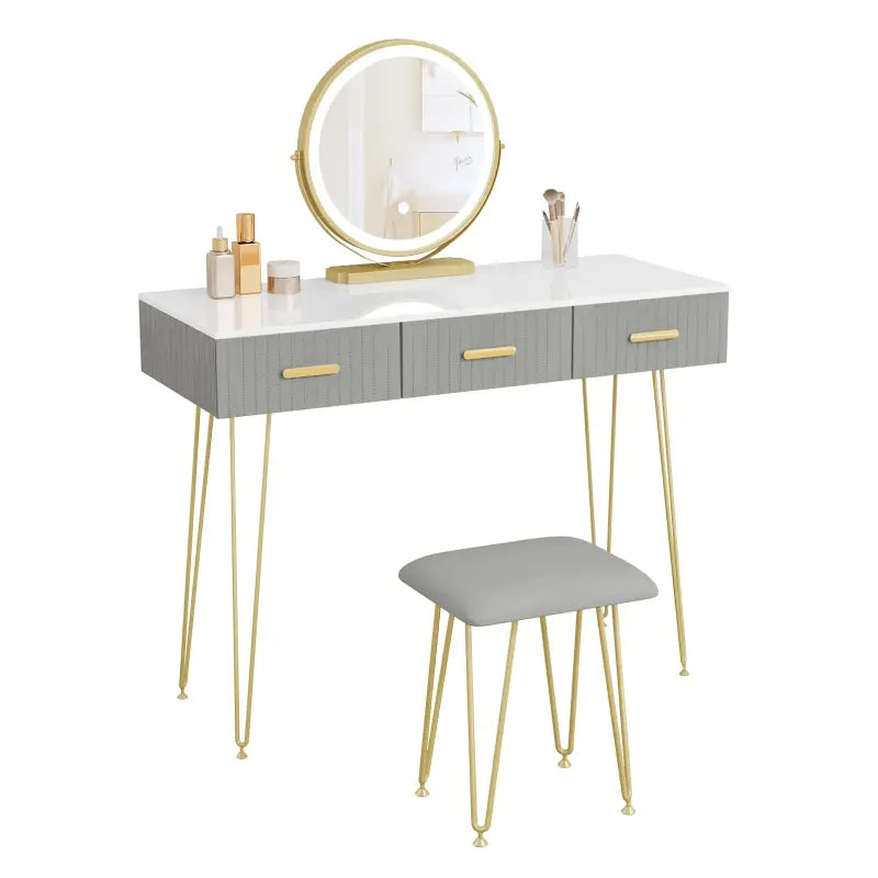 BukkitBow kaptafel set met LED spiegel, kruk, stevig hout, fluweel bekleding en gouden details, afmetingen 100x121,5x40 cm