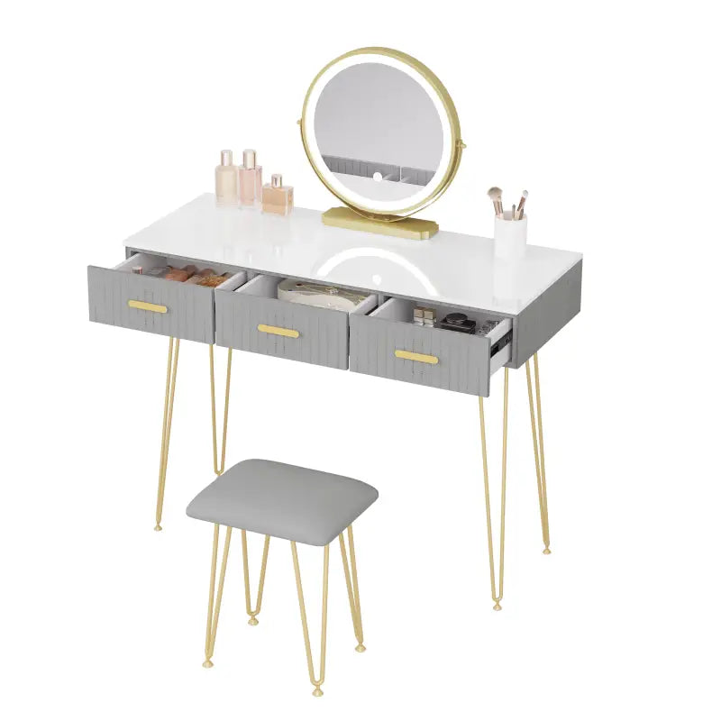 BukkitBow kaptafel set met LED spiegel, kruk, stevig hout, fluwelen bekleding en gouden details, afmetingen 100x121,5x40 cm.
