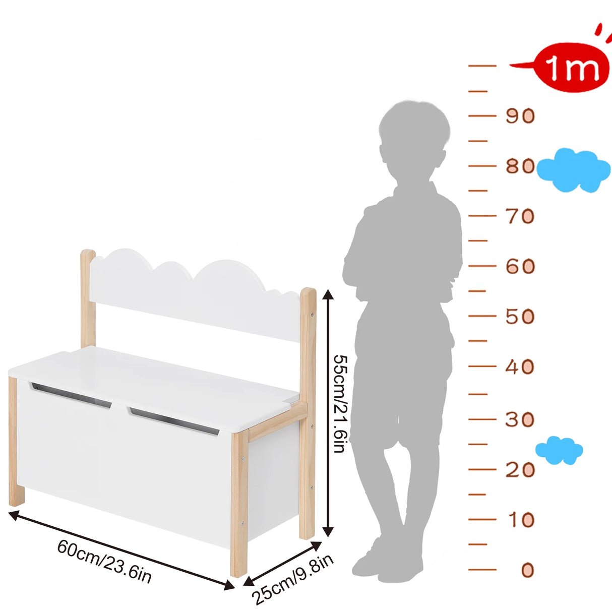 BukkitBow - Kinderbankje Met Opbergruimte - 60 cm Breed - Hout - Speelgoedkist - Zitbank - Wit