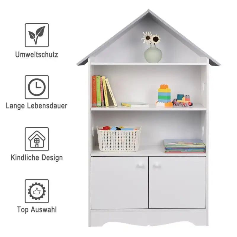 Witte kinderboekenkast van BukkitBow met 3 planken en opbergkast in huisvorm, grijze details, afmetingen 62x115x27 cm