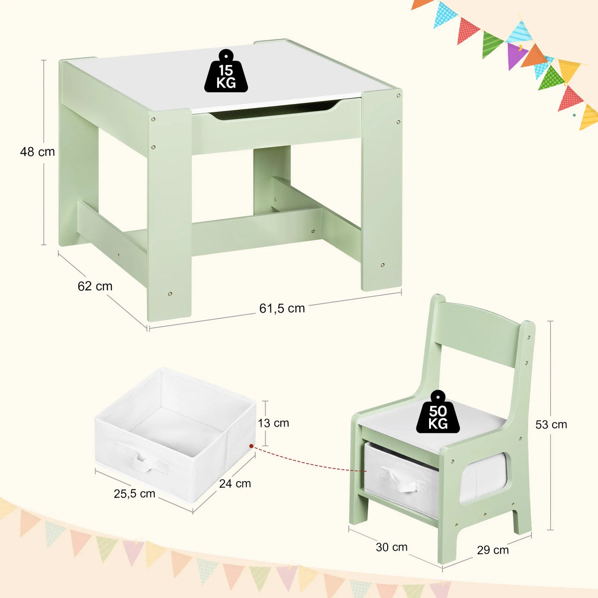 BukkitBow kindertafel met 2 houten stoelen en opbergruimte, speeltafel voor kinderen, geschikt voor spel en creativiteit
