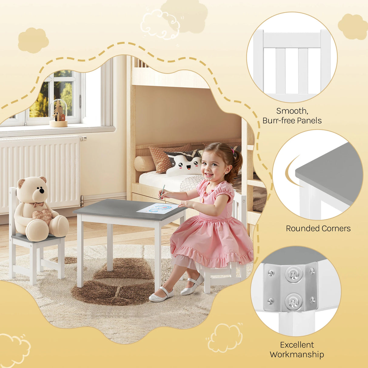 BukkitBow - Kindertafel met 2 Stoeltjes - Hout - Zitgroep - Speeltafel voor Kinderkamer - Vanaf 2 Jaar