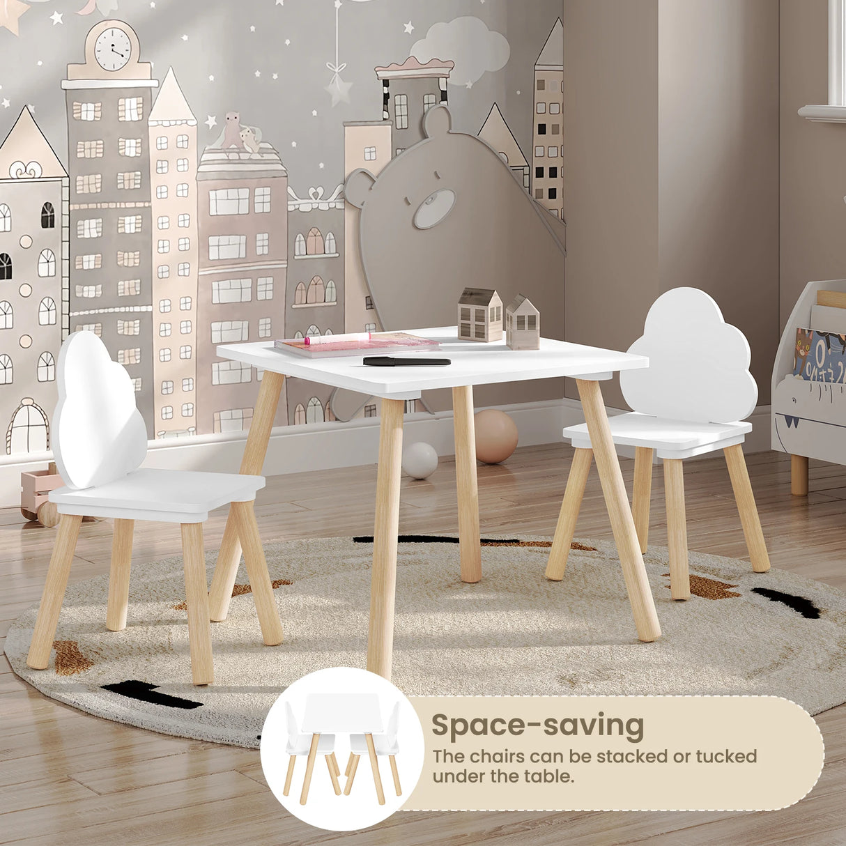Witte kindertafel met 2 stoeltjes van BukkitBow, wolkendesign, perfect voor peuters en kleuters, speeltafel met vrolijk motif.