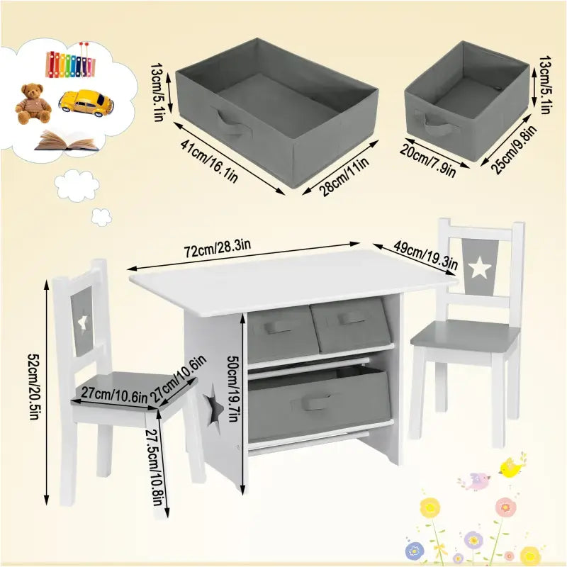 BukkitBow kindertafel met stoelen, wit en grijs, inclusief 3 opbergmanden, afmetingen 72x49x50cm, kindermeubelset met opbergruimte