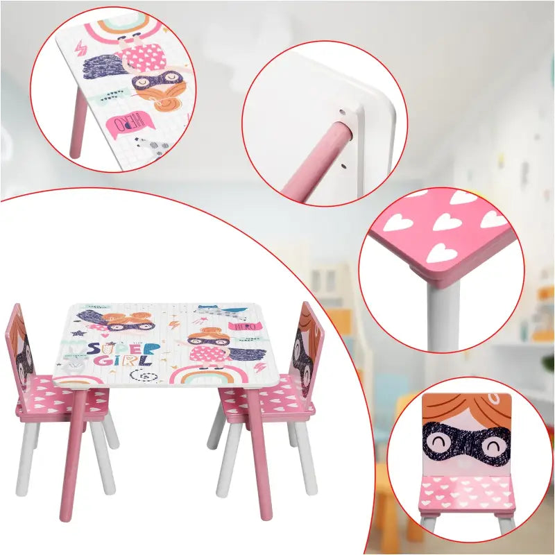 BukkitBow roze kindertafel met bijpassende stoelen, ideaal voor spelen en leren, afmetingen 60x44x60 cm.