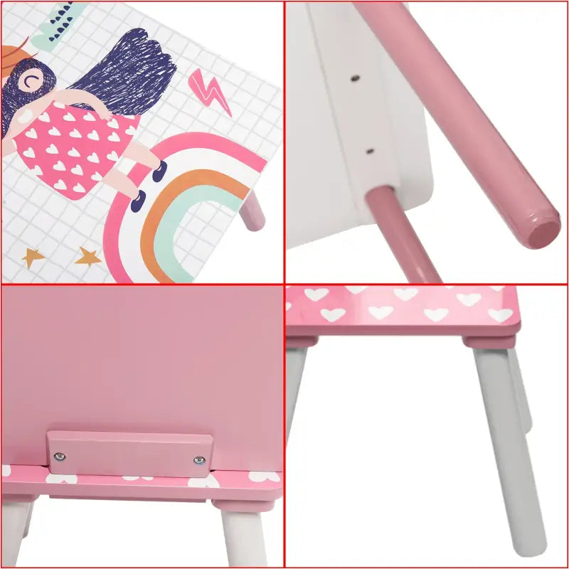 BukkitBow roze kindertafel met bijpassende stoelen, ideaal voor spelen en leren, afmetingen 60x44x60 cm.