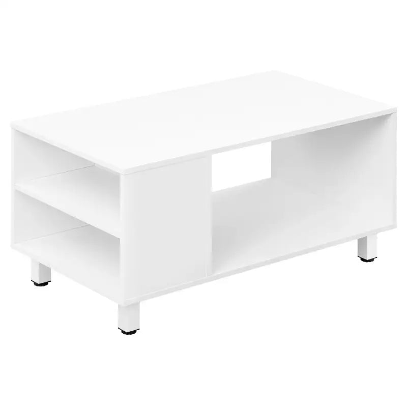 Witte BukkitBow bijzettafel met opbergruimte, MDF en metalen frame, 90x45x50 cm, modern en multifunctioneel design