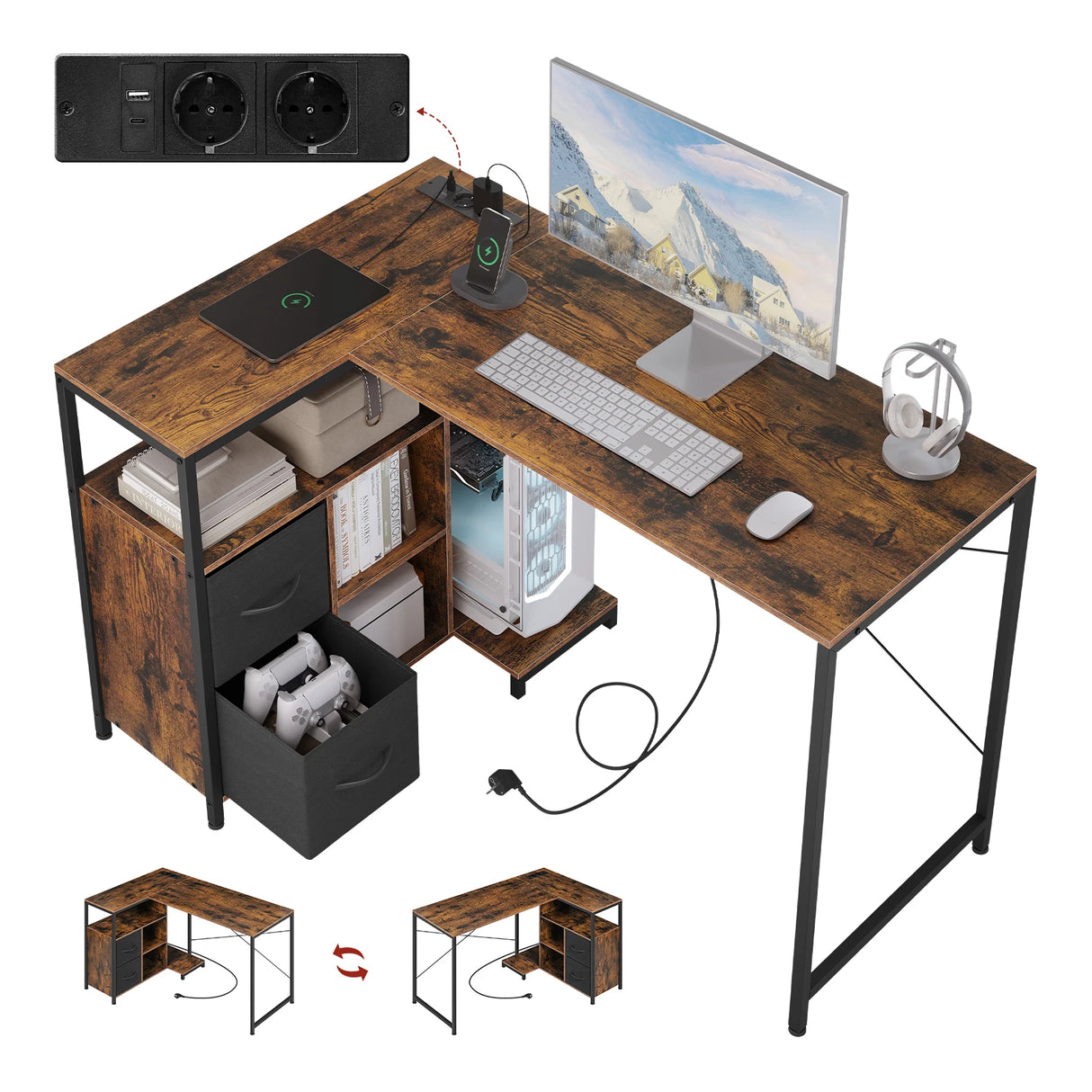 Moderne BukkitBow hoekbureau met hout en metaal, USB-poort en L-vorm, ideaal voor een stijlvolle en functionele werkruimte