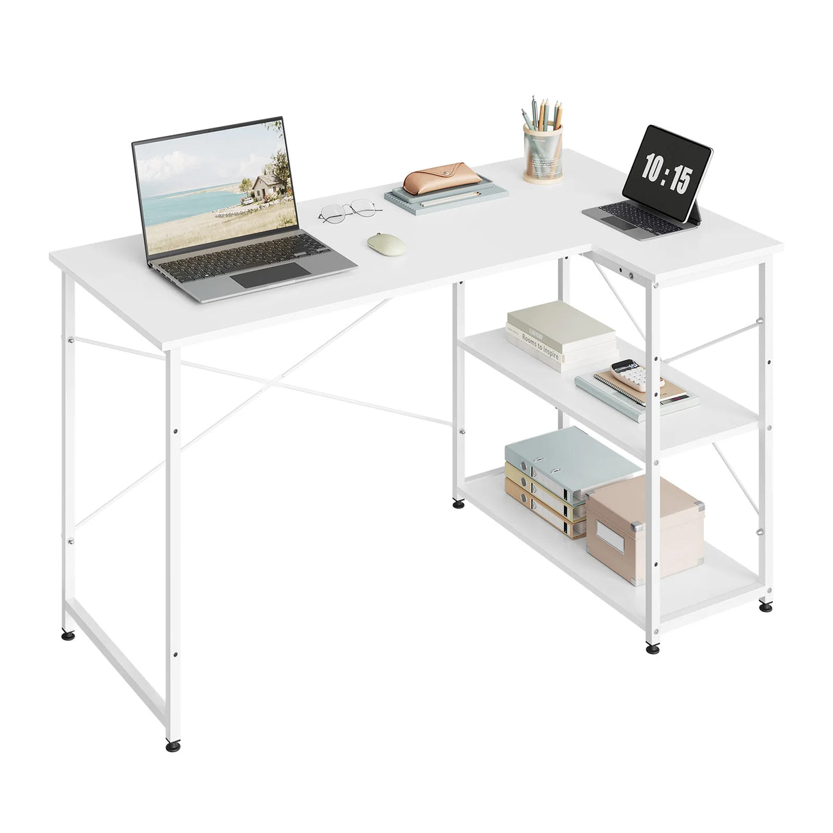 BukkitBow L-vorm hoekbureau met stalen frame en houten werkbladen, verstelbare planken voor een praktische werkplek