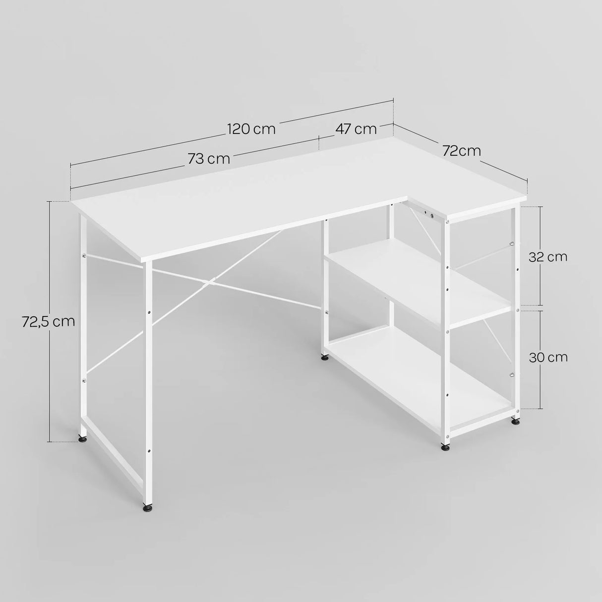 L-vorm BukkitBow bureau met staal en hout, verstelbare planken en hoekontwerp voor een functionele werkplek.