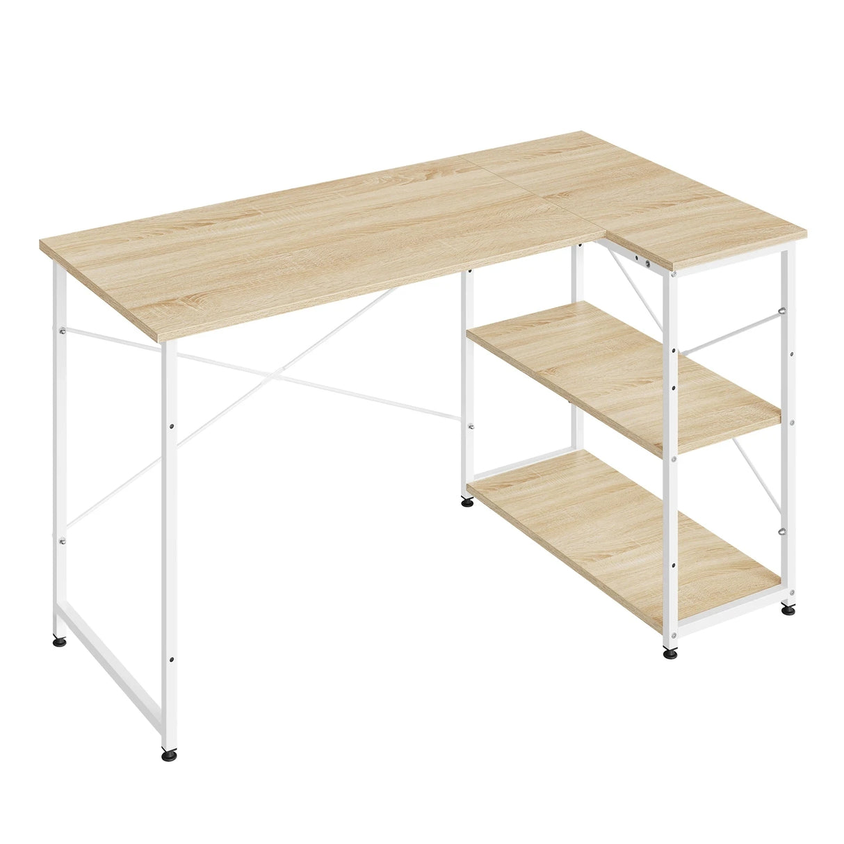L-vorm BukkitBow bureau met staal en hout, verstelbare planken en hoekontwerp voor een praktische kantoorwerkplek