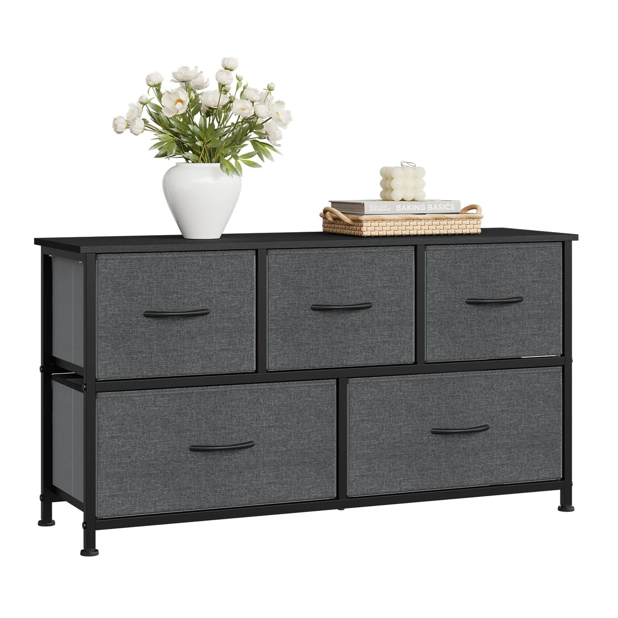 BukkitBow ladekast met 5 stoffen lades en metalen frame, geschikt als TV meubel of dressoir voor woonkamer, slaapkamer en hal