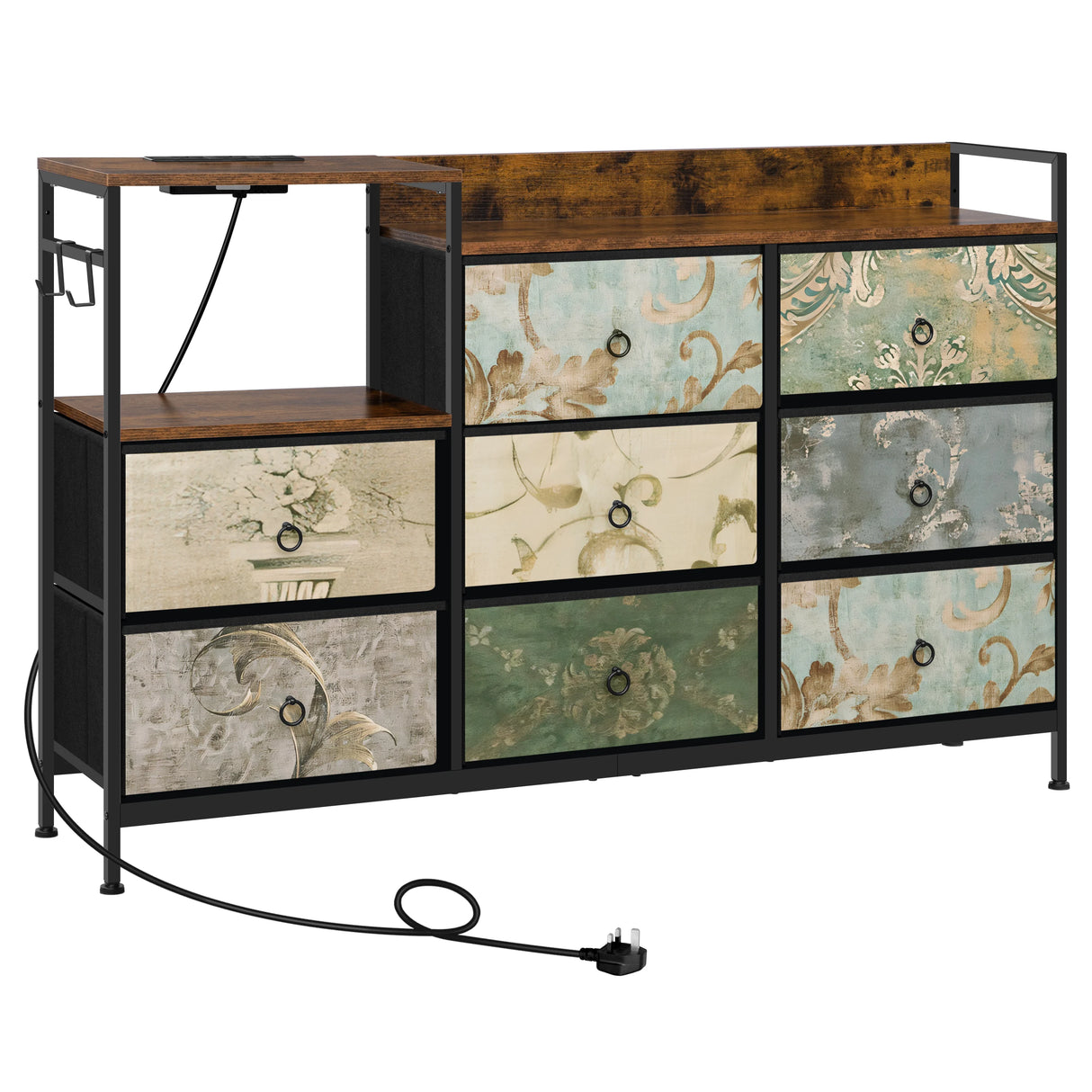 BukkitBow ladekast met 8 stoffen lades, stopcontact en USB-poorten, houten blad en metalen frame, voor opberg en opladen.