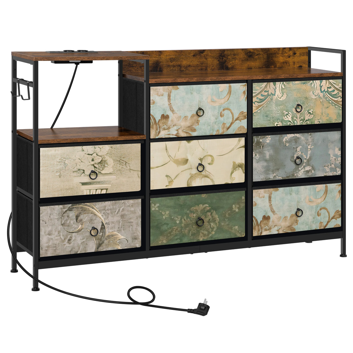 BukkitBow ladekast met 8 stoffen lades, houten blad, metalen frame, stopcontact en USB-poorten voor opladen.