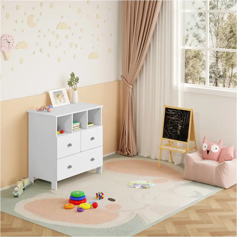 BukkitBow dressoir met wolkvormige handgrepen, 3 laden en 3 vakken, afmetingen 80x81,5x48 cm, modern meubelstuk.