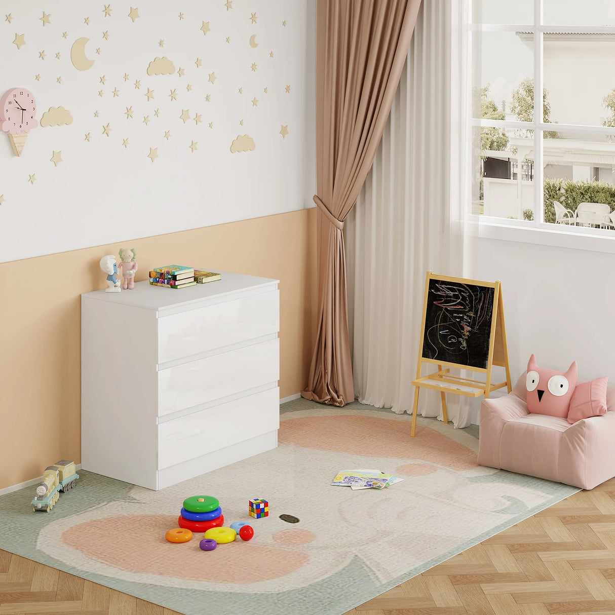 BukkitBow dressoir met 3 lades van spaanplaat, ideaal als slaapkamer opbergkast, Nederlands design, modern meubel.